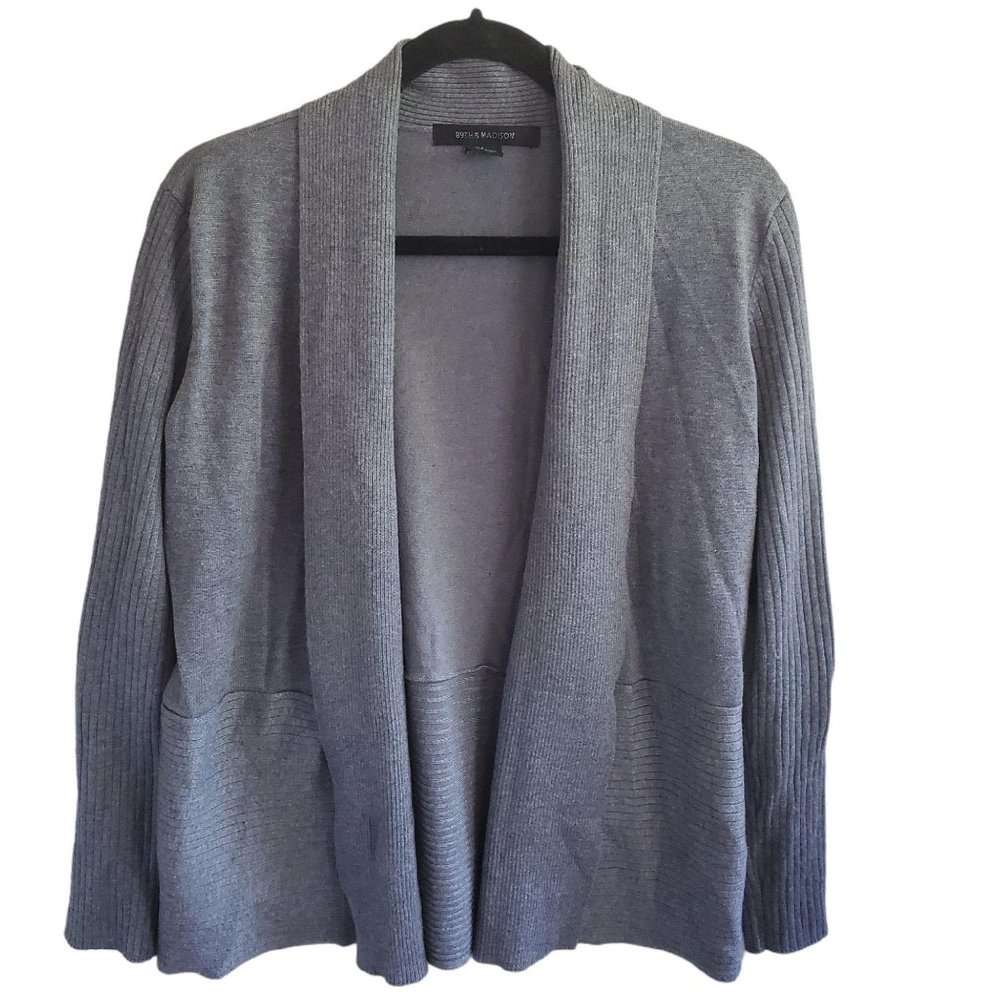 89th & Madison Gray Open Cardigan Sweater L Ribbed Minimal Cozy Layer Lagenlook